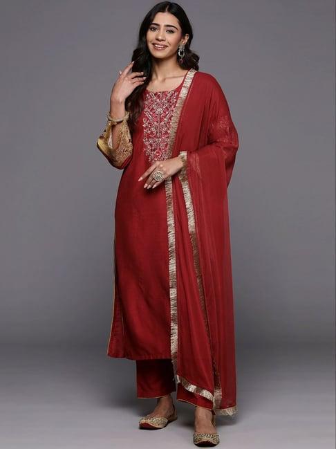 varanga red embroidered kurta pant set with dupatta