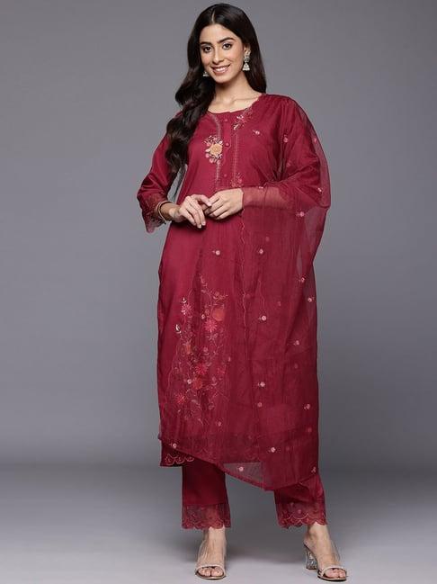 varanga red embroidered kurta with pant & dupatta