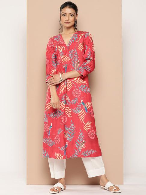 varanga red floral print straight kurta