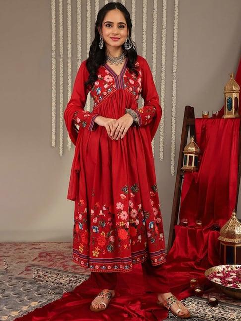 varanga red printed kurta with pant & dupatta