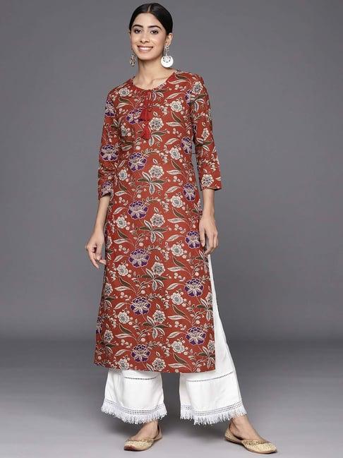 varanga rust cotton floral print straight kurta