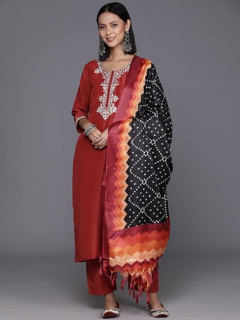 varanga rust embroidered kurta pant set with dupatta