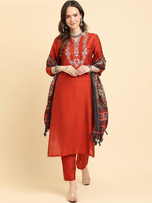 varanga rust embroidered kurta pant set with dupatta