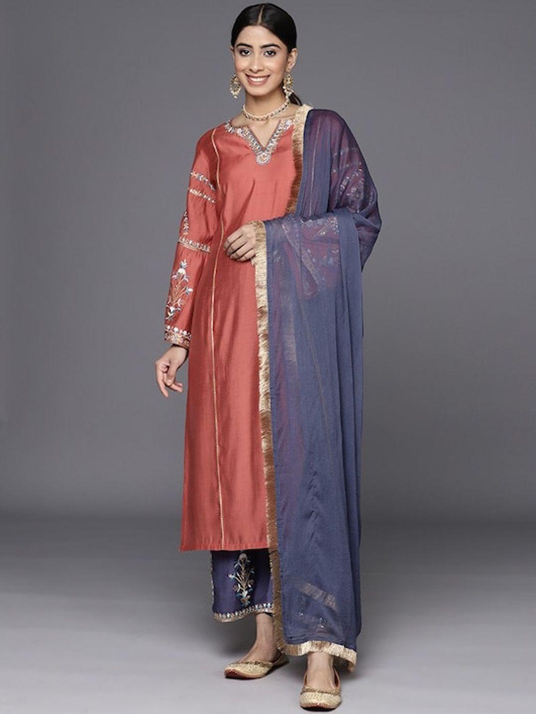 varanga rust yoke design ethnic motifs thread work straight kurta & trousers with dupatta