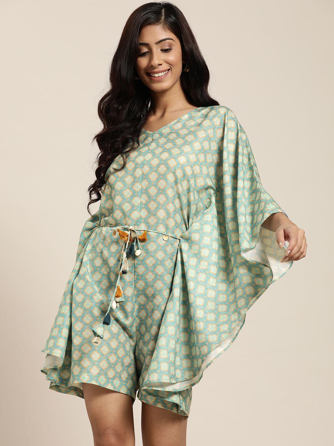 varanga sea green & blue printed kaftan playsuit