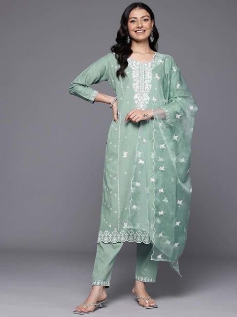 varanga sea green cotton embroidered kurta pant set with dupatta