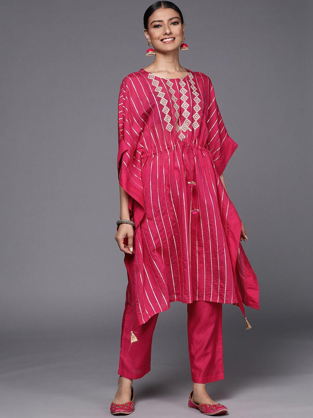 varanga striped thread work chanderi silk kaftan kurta with trousers