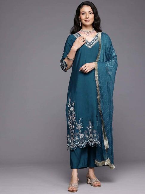 varanga teal blue embroidered kurta & palazzo set with dupatta