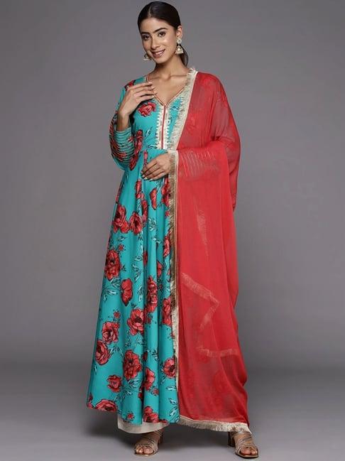 varanga turquoise floral print anarkali kurta with dupatta