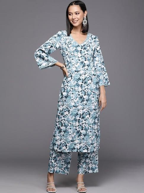 varanga white & blue printed kurta pant set