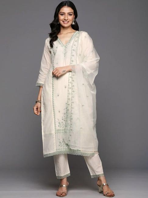 varanga white cotton embroidered kurta pant set with dupatta