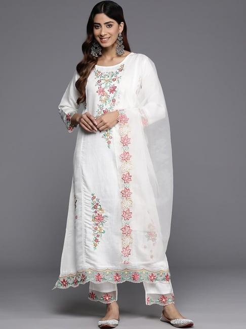 varanga white embroidered kurta pant set with dupatta