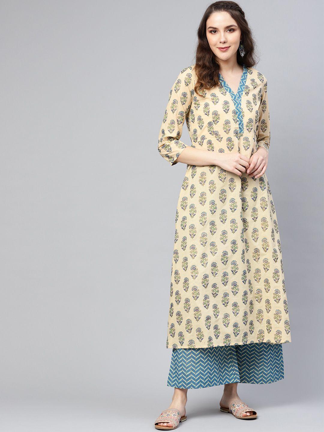 varanga women beige & blue printed kurta with palazzos