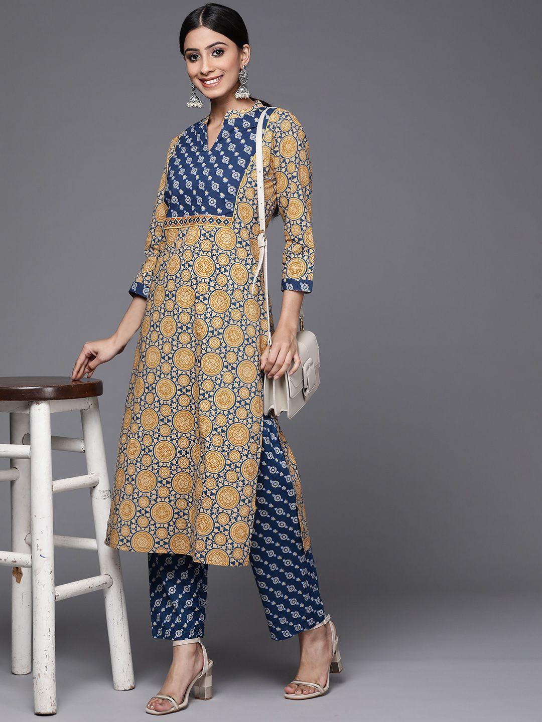 varanga women beige & blue printed pure cotton kurta with trousers