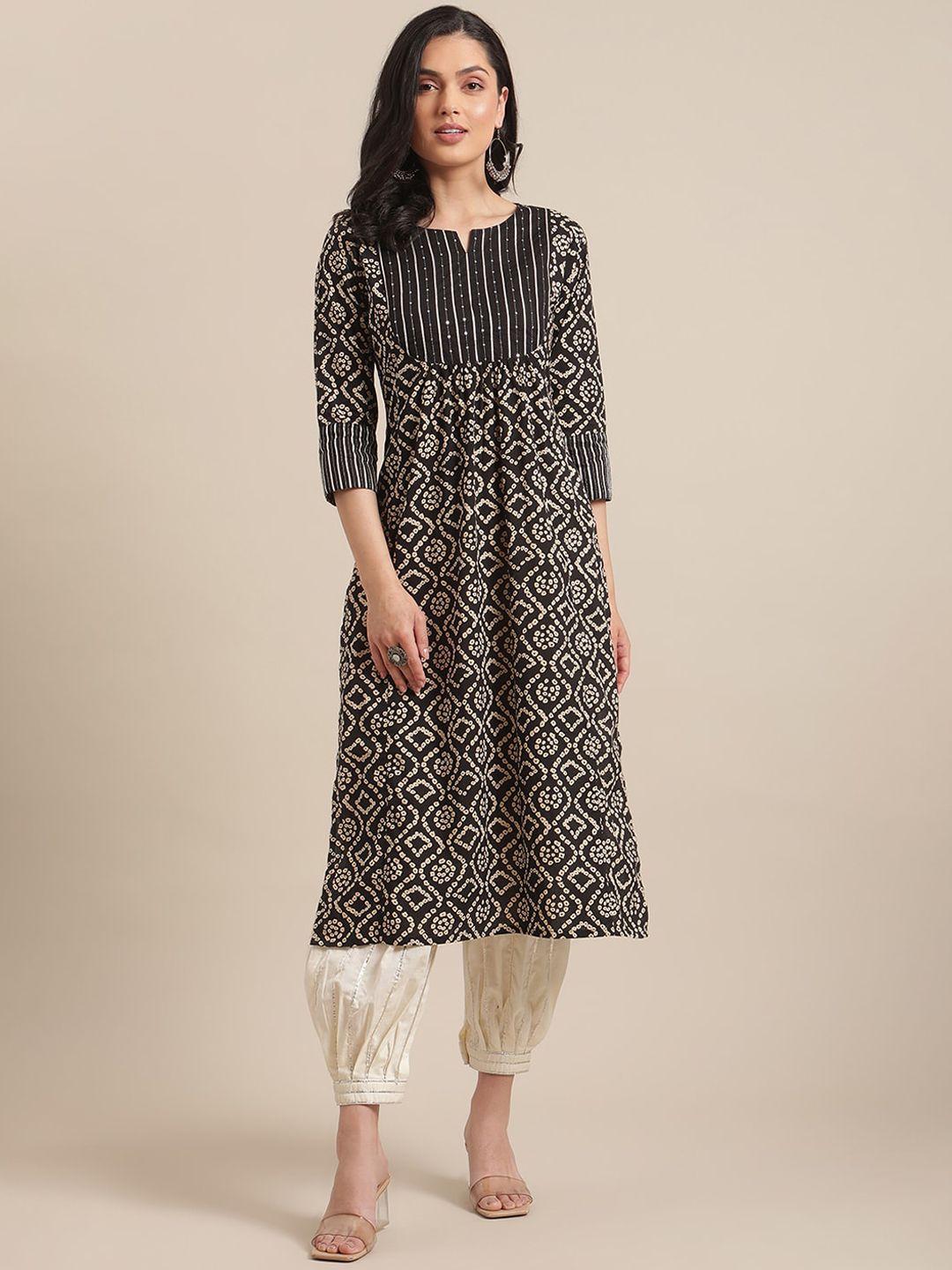 varanga women black & beige bandhani printed notched neck straight kurta