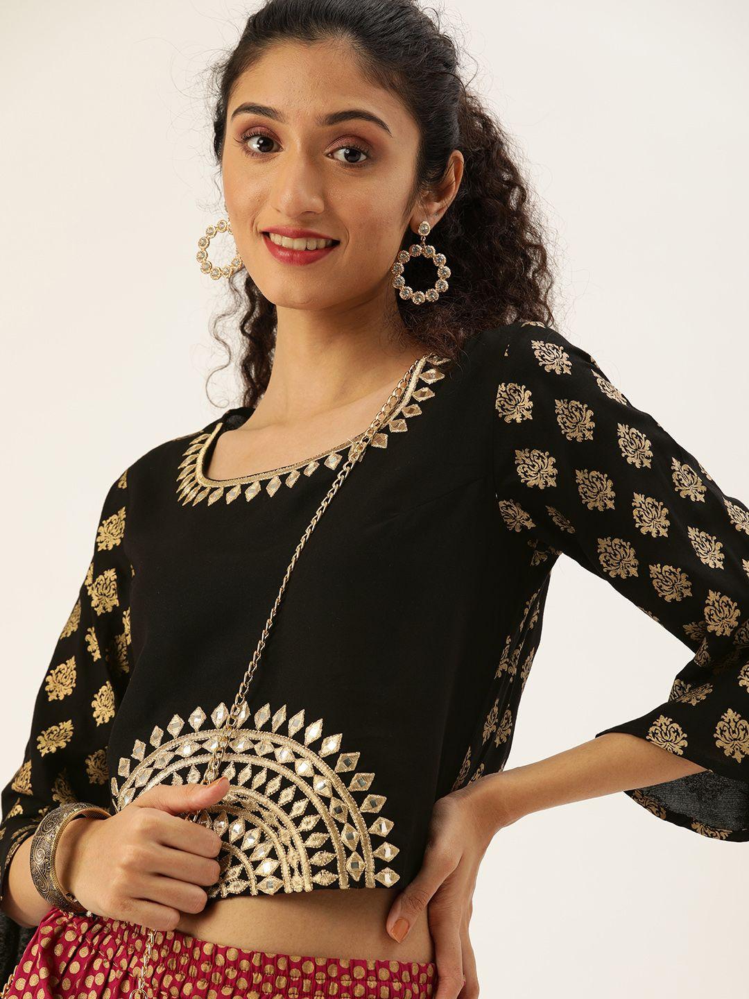 varanga women black & gold-coloured printed cropped regular top with embroidered detail