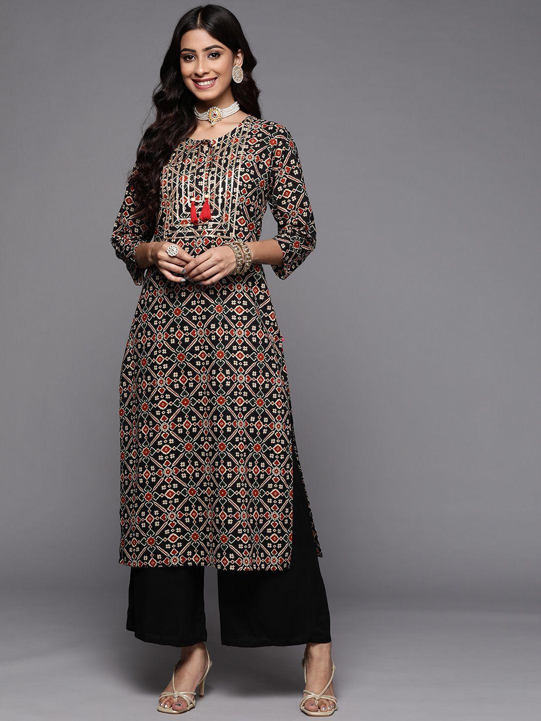 varanga women black & gold-toned ethnic motifs printed thread work indie prints kurta