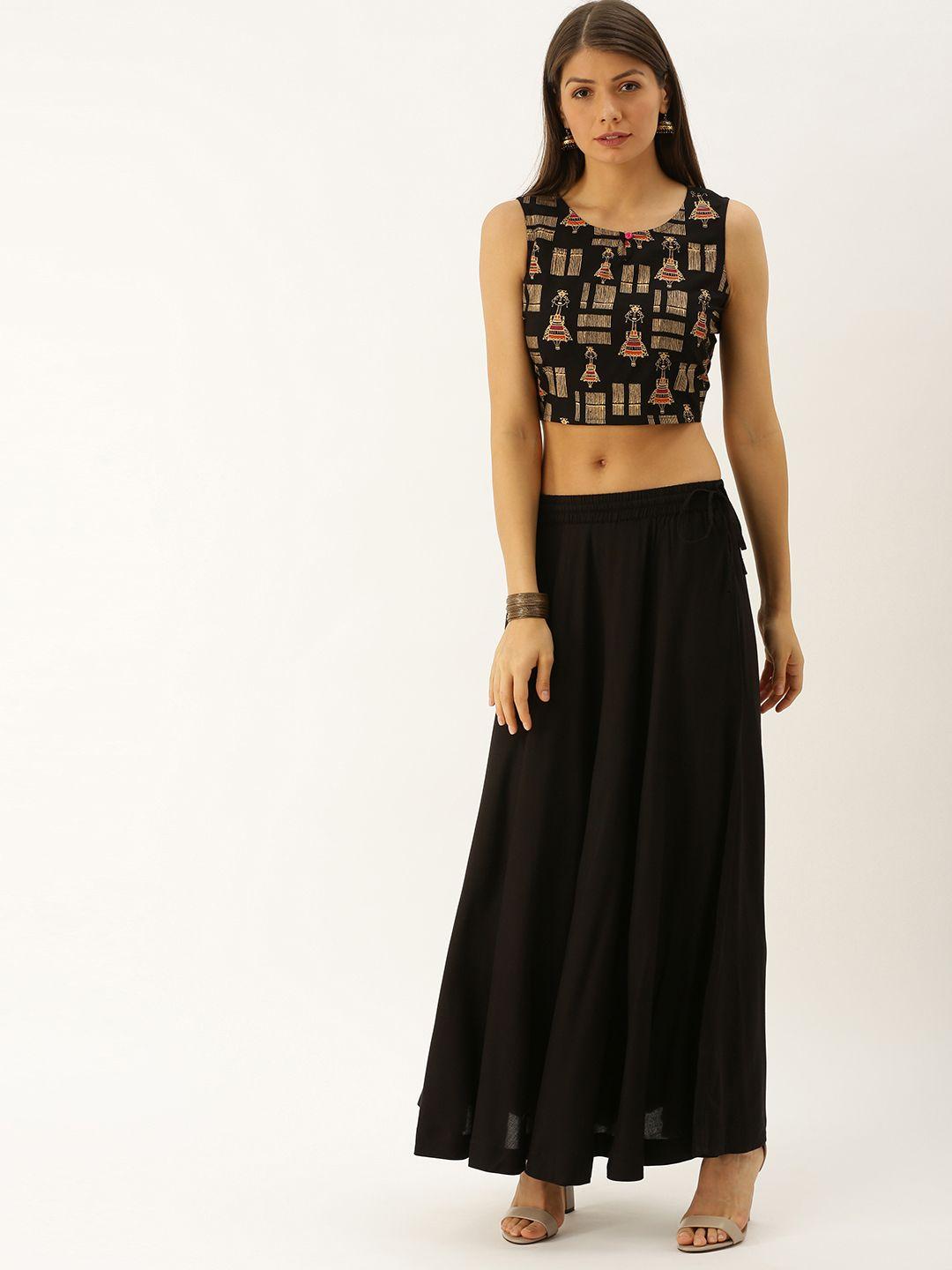 varanga women black & gold-toned printed cropped top with solid skirt