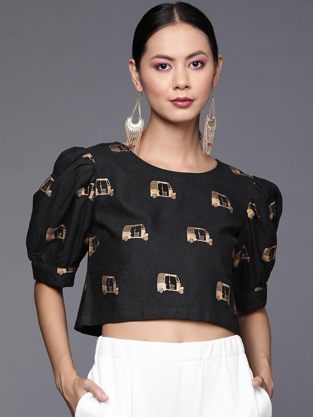 varanga women black & golden printed crop top