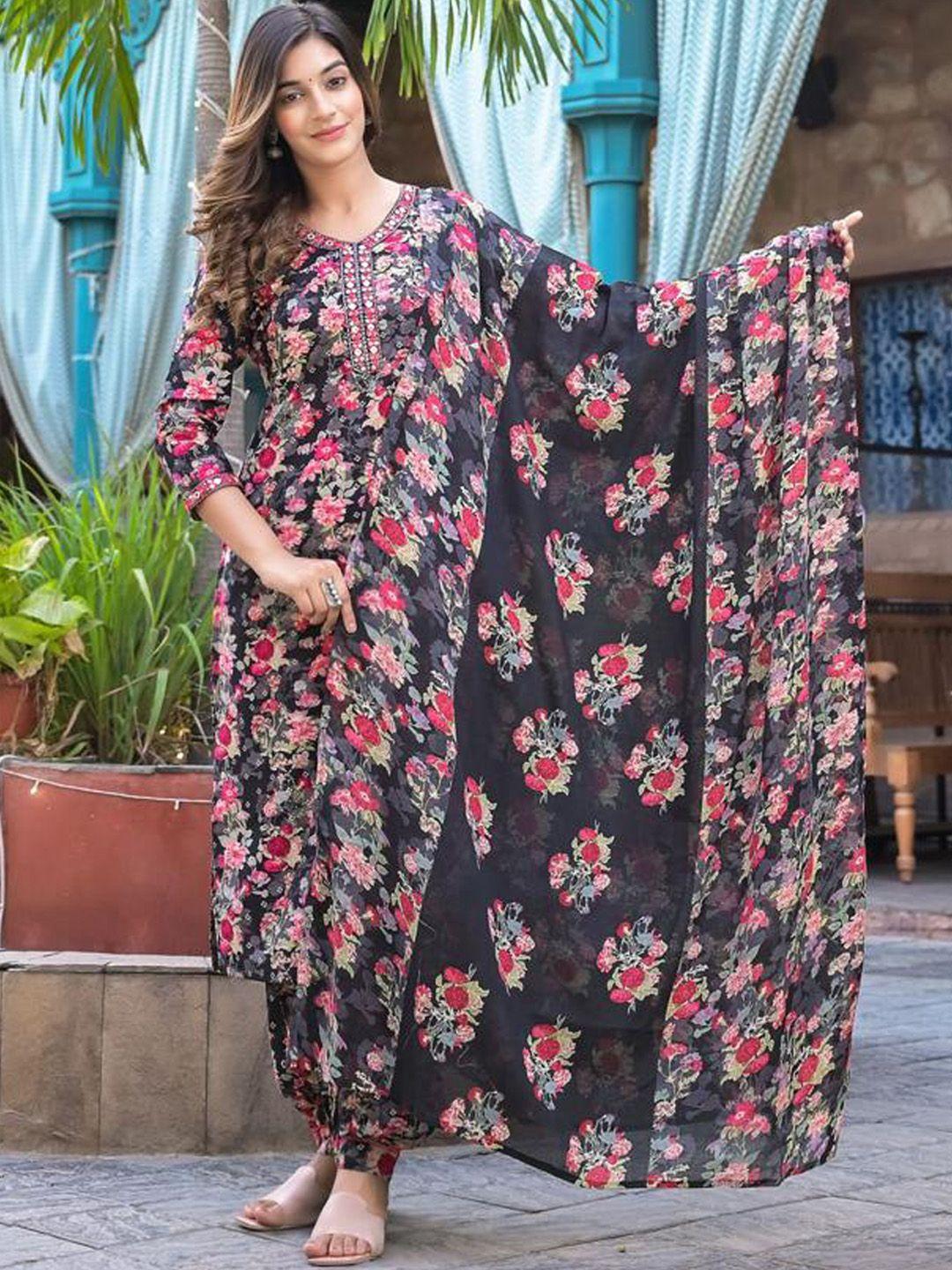 varanga women black floral printed regular mirror work kurta with salwar & with dupatta