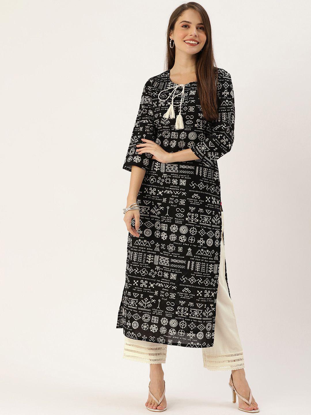 varanga women black printed pure cotton kurta with trousers