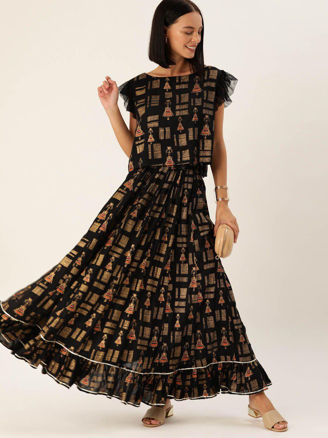 varanga women black printed top with skirt