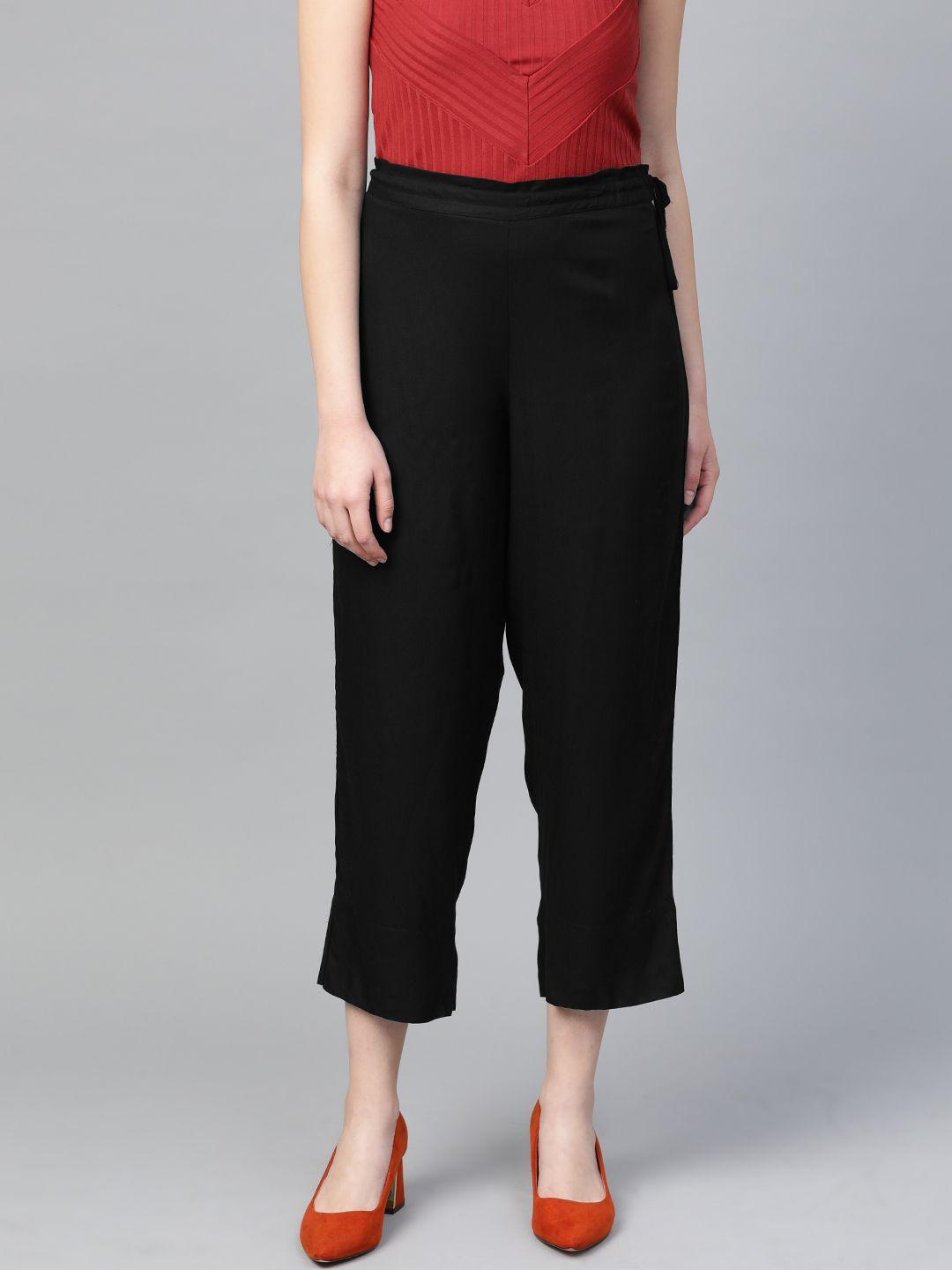 varanga women black regular fit solid cropped trousers