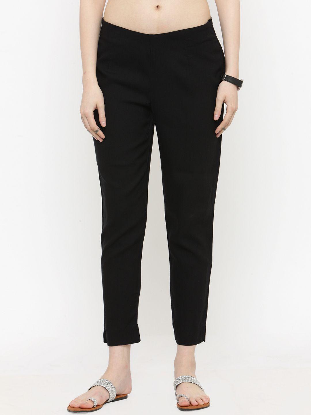 varanga women black straight fit solid regular trousers