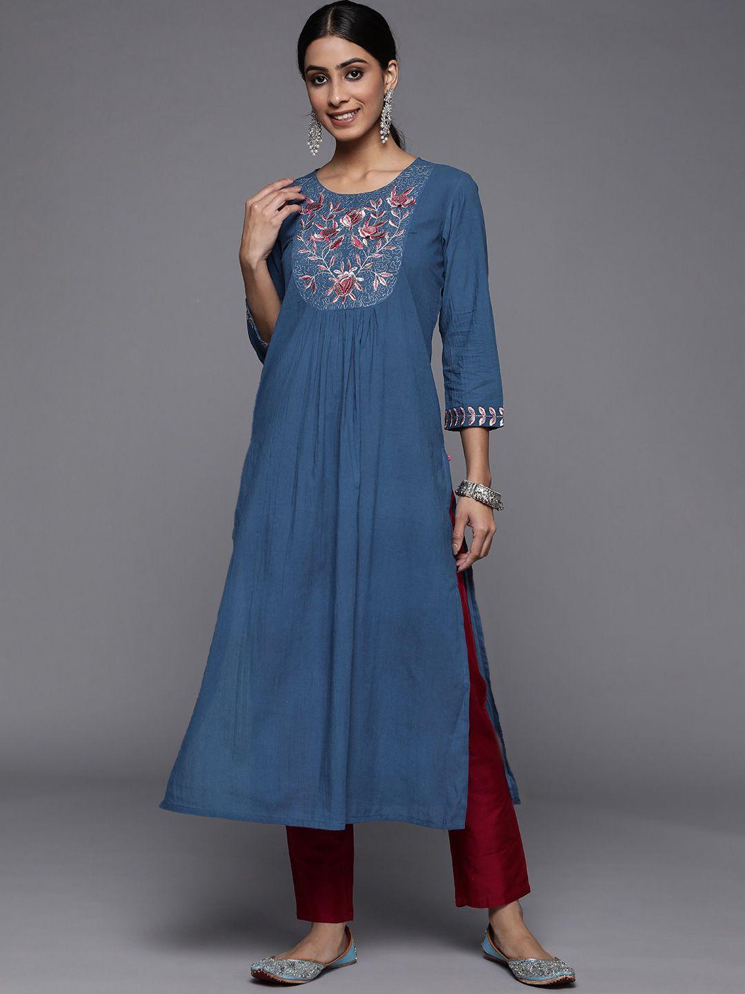 varanga women blue & grey ethnic motifs embroidered kurta