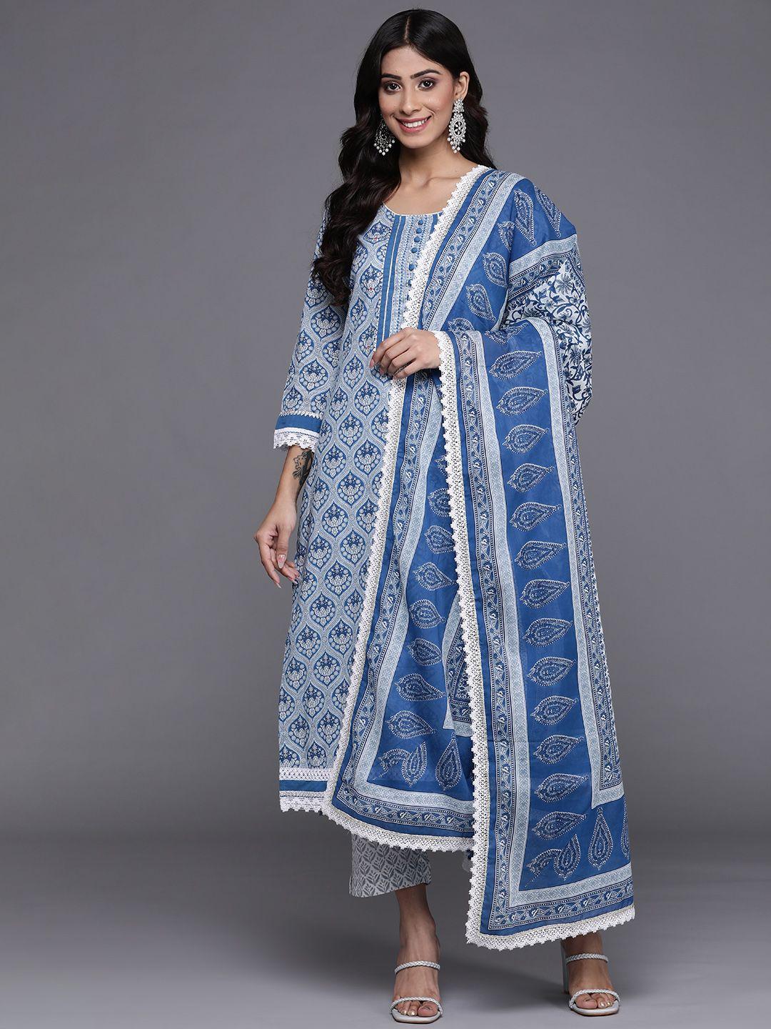 varanga women blue & grey ethnic printed pure cotton kurta with trousers & dupatta