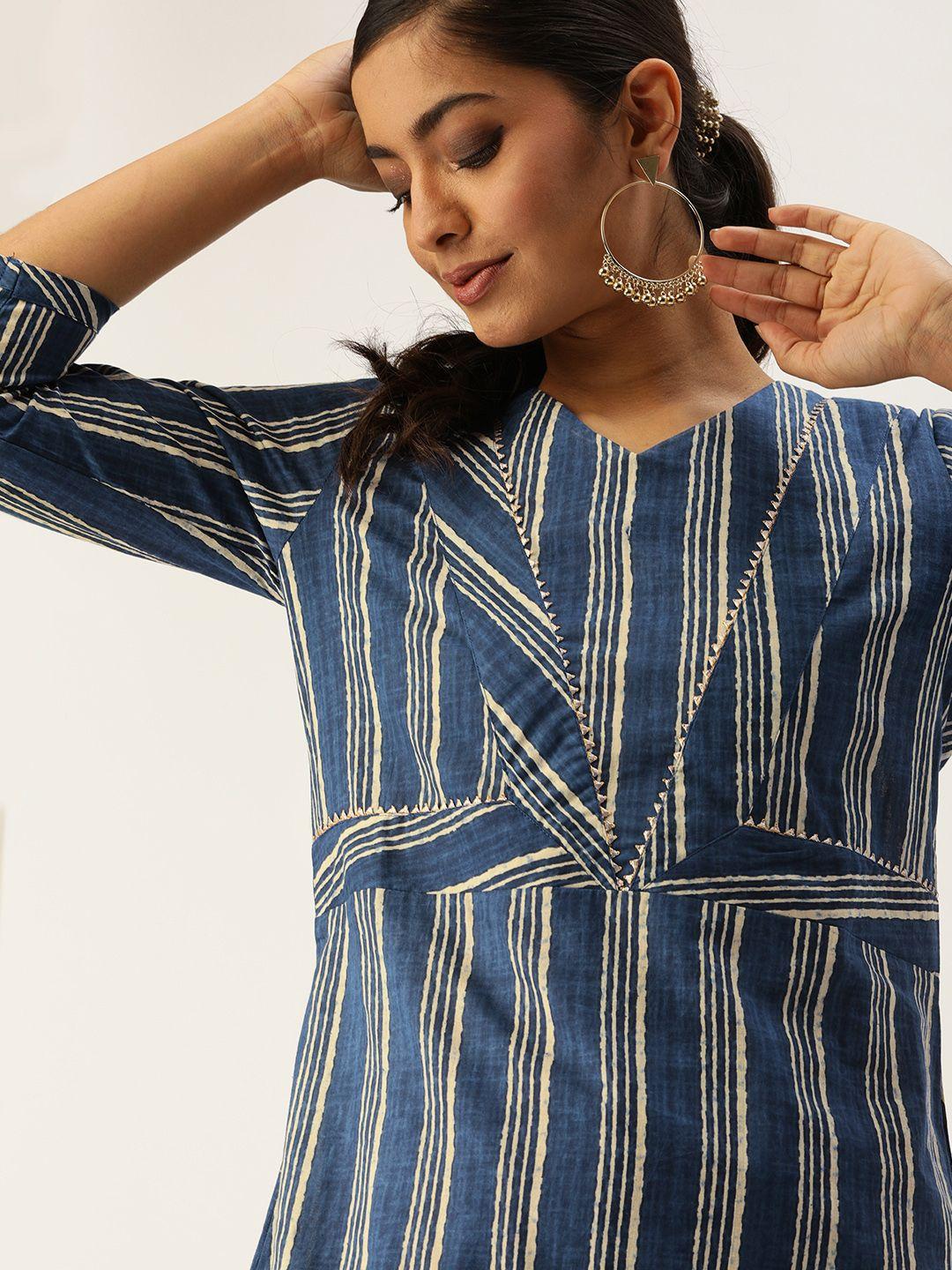 varanga women blue & off-white striped a-line kurta