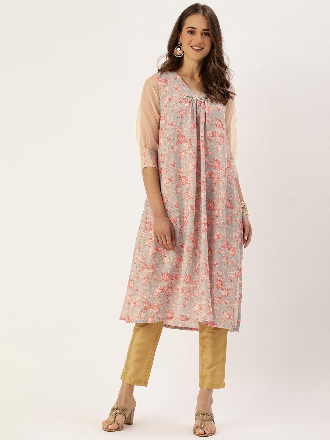 varanga women blue & peach-coloured floral printed kurta