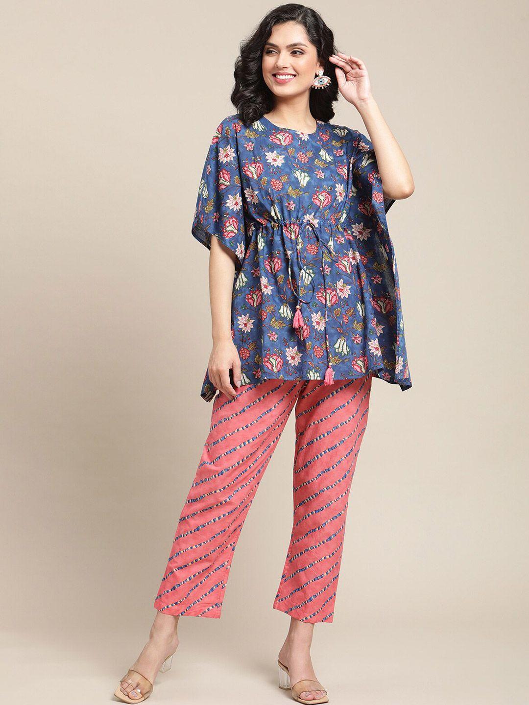 varanga women blue & pink floral printed kaftan & trousers