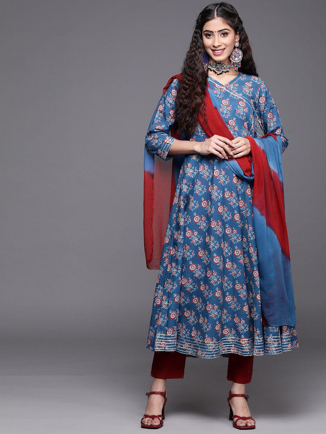 varanga women blue ethnic motifs printed angrakha gotta patti kurta with trousers & with dupatta