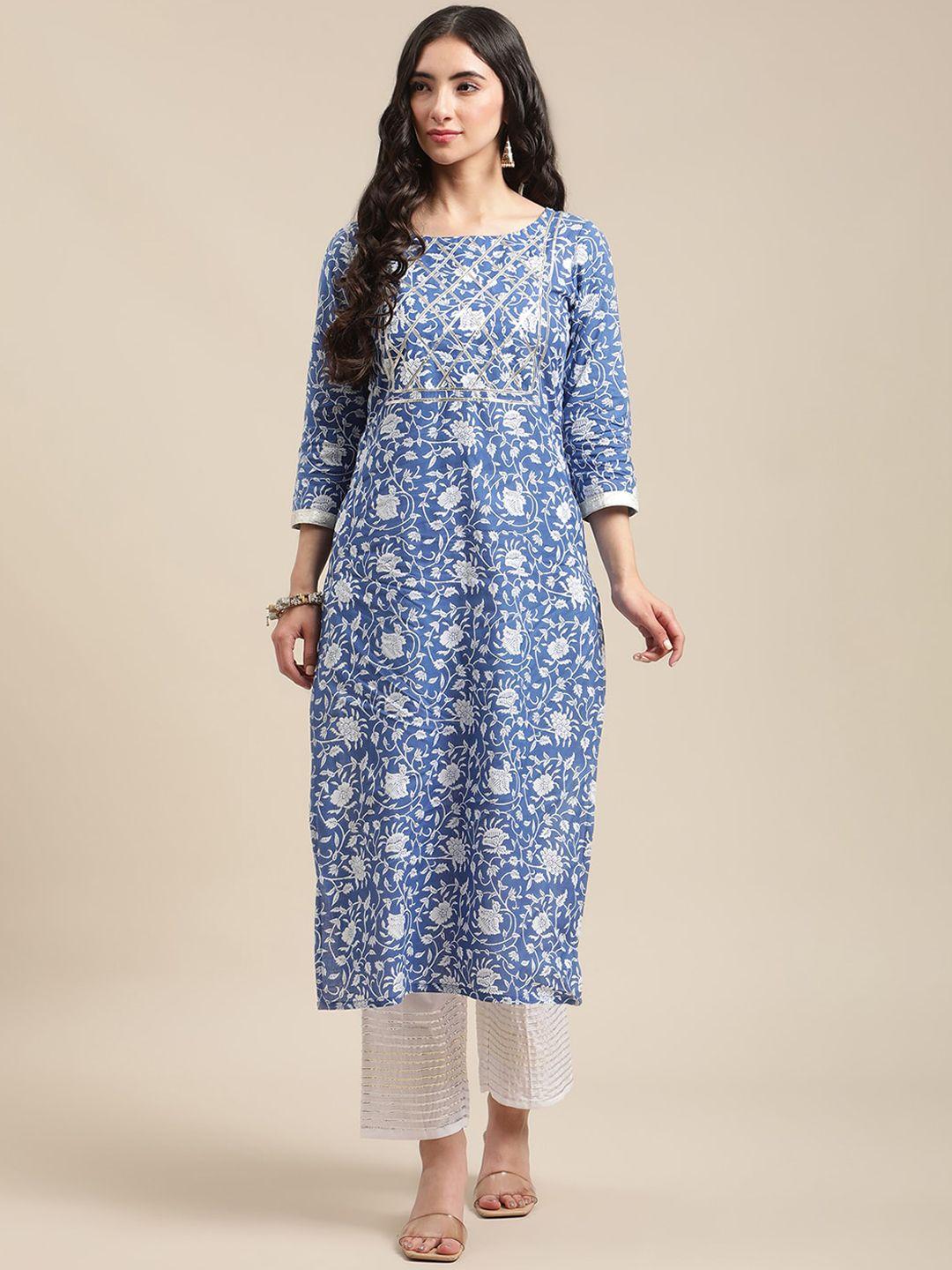 varanga women blue ethnic motifs printed gotta patti kurta