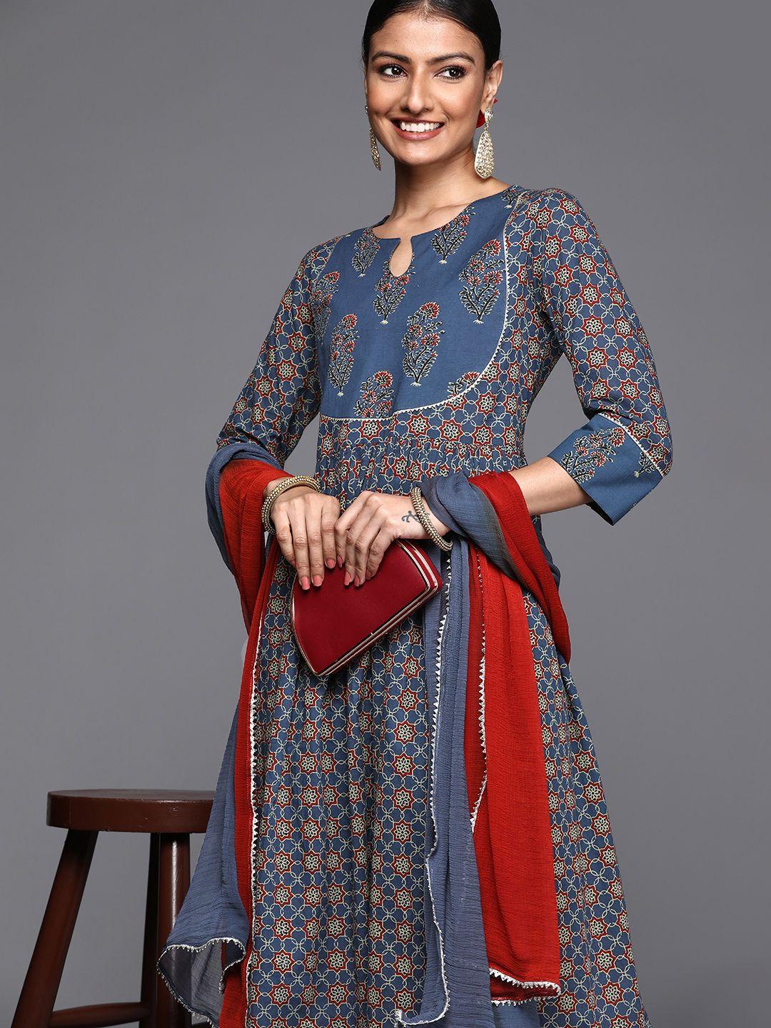 varanga women blue ethnic motifs printed pure cotton kurta with trousers & dupatta