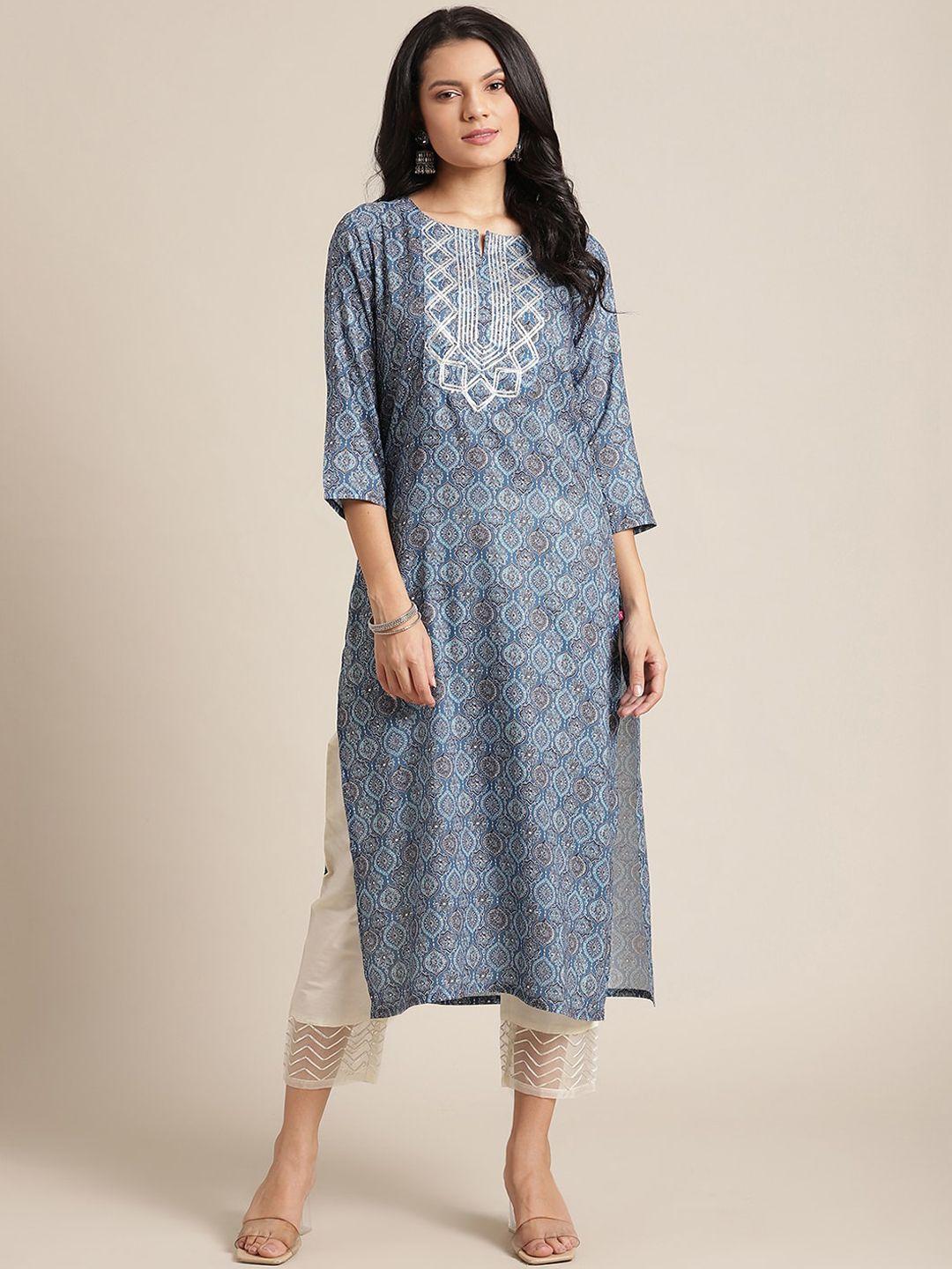 varanga women blue ethnic motifs printed thread work kurta