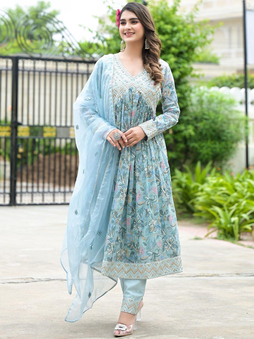 varanga women blue floral embroidered empire mirror work pure cotton kurta with trousers & with dupatta