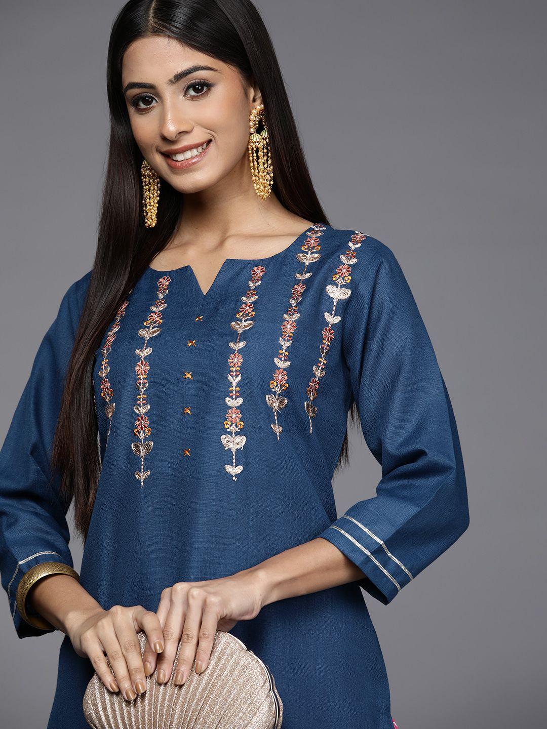 varanga women blue floral embroidered thread work indigo kurta