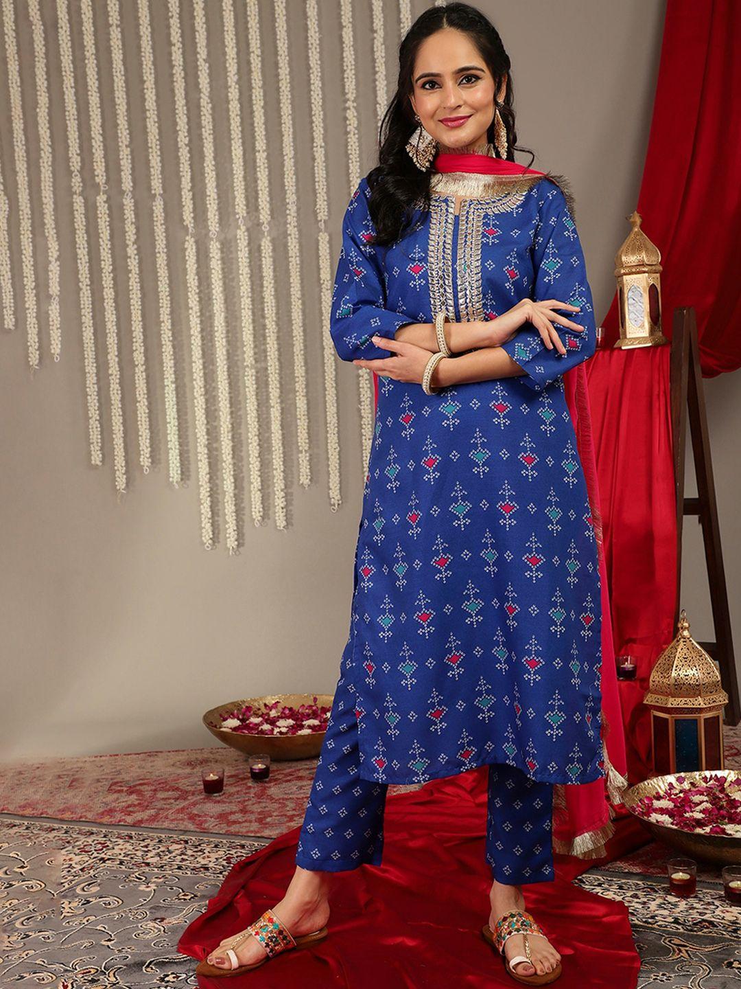 varanga women blue printed regular thread work kurta with trousers & with dupatta