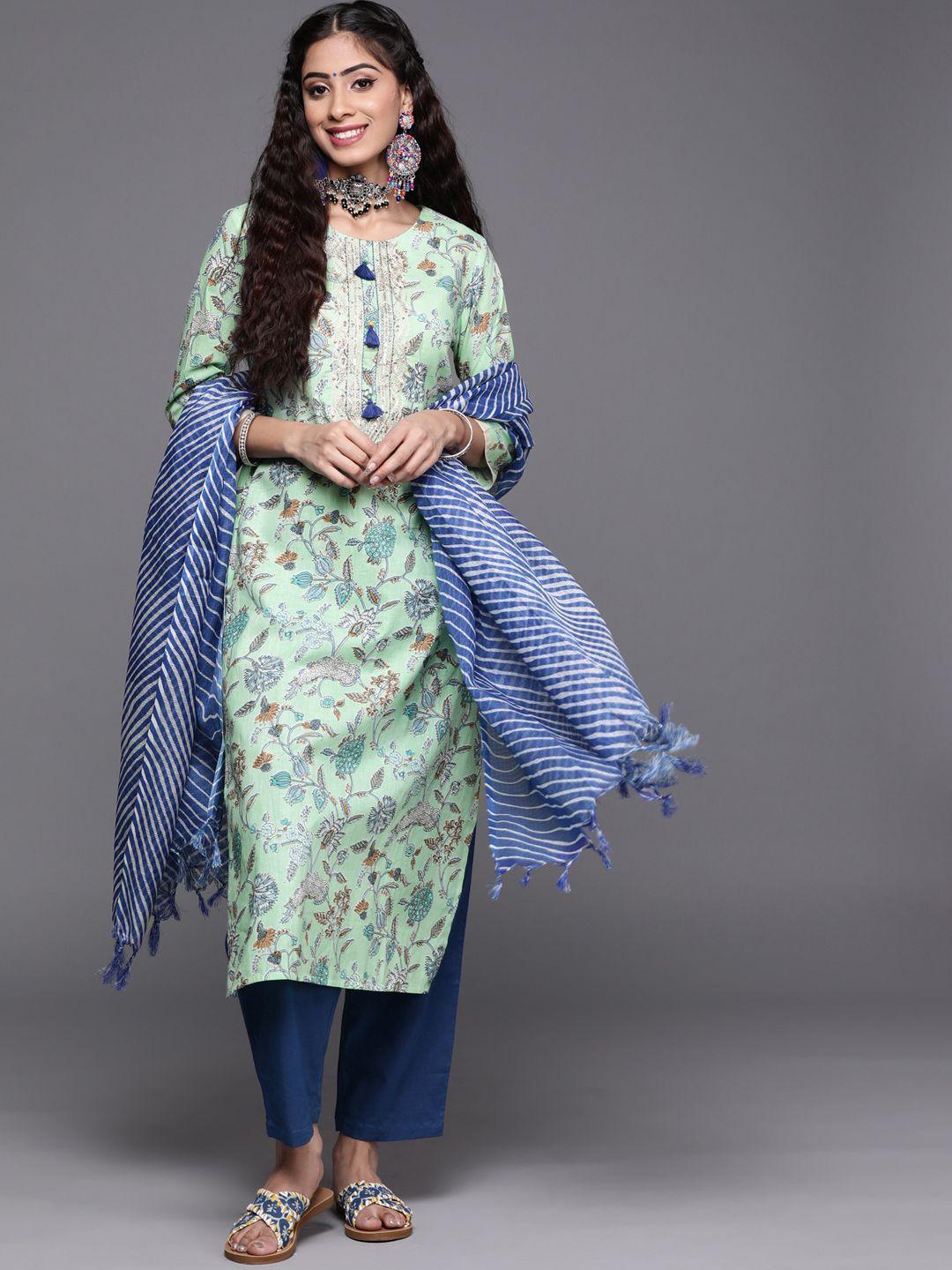 varanga women blue pure cotton floral printed sequinned kurta with trousers & with dupatta