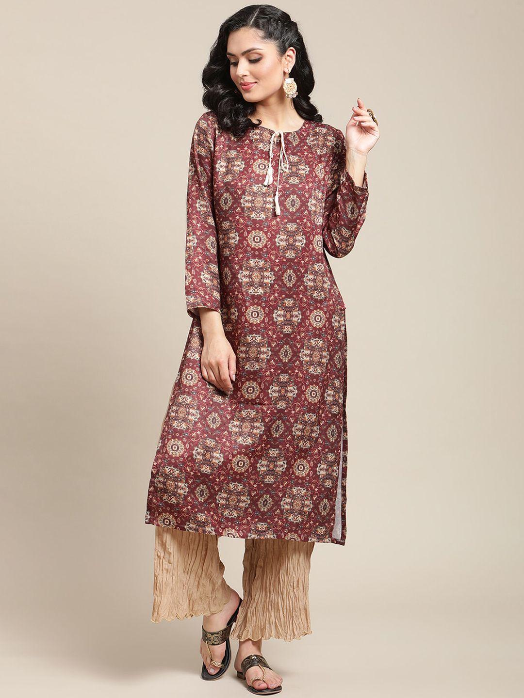 varanga women brown printed woollen kurta