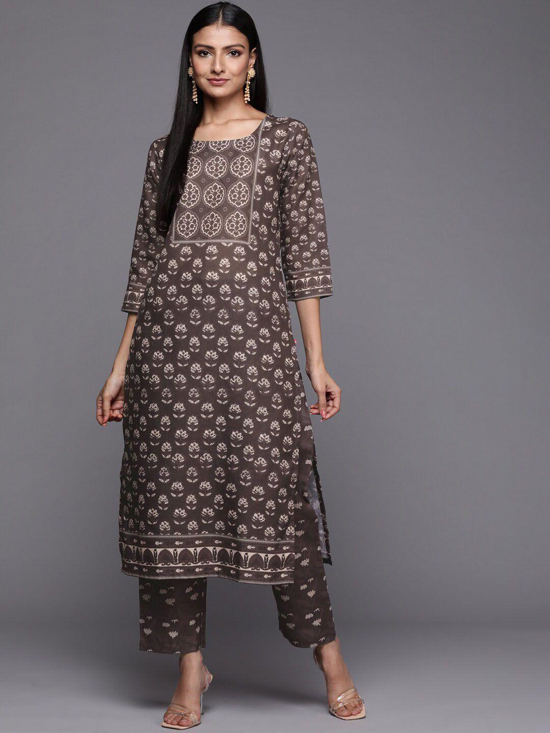 varanga women coffee brown ethnic motifs printed winter kurta with trousers
