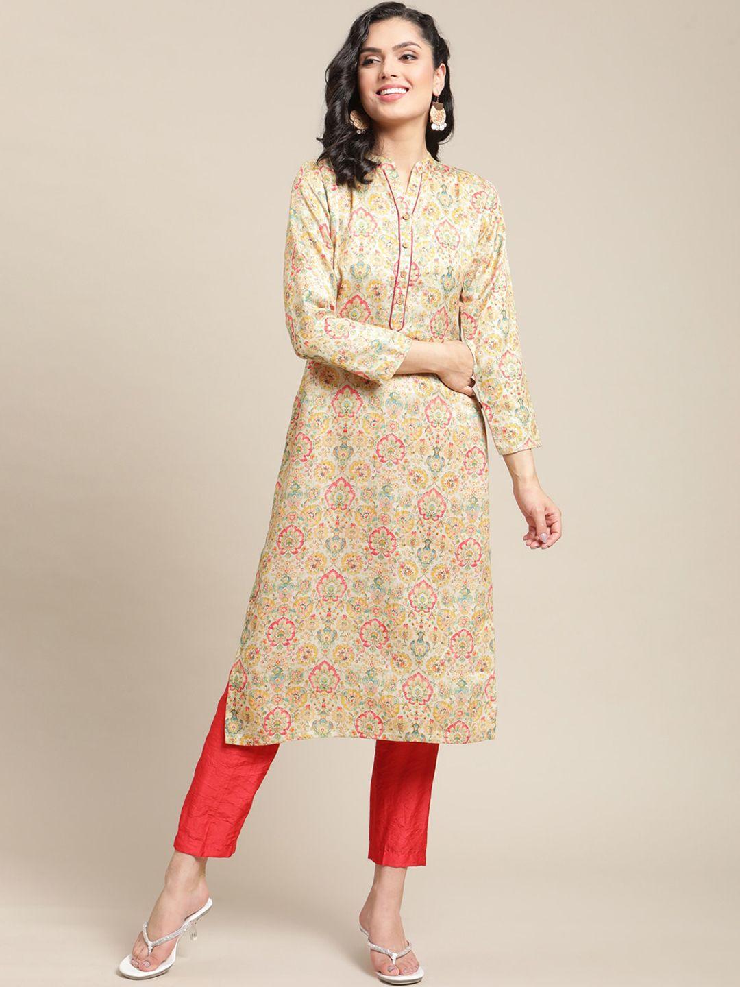 varanga women cream-coloured & pink floral printed kurta