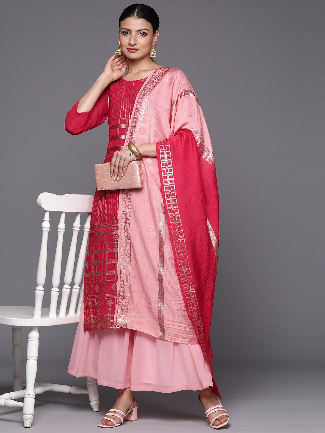 varanga women embroidered sequinned silk georgette kurta with sharara & with dupatta