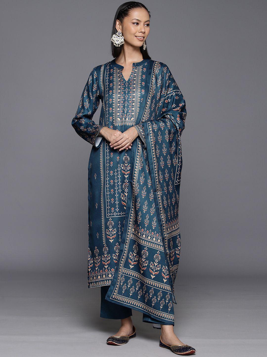 varanga women ethnic motif printed straight wool blend kurta with trousers & dupatta
