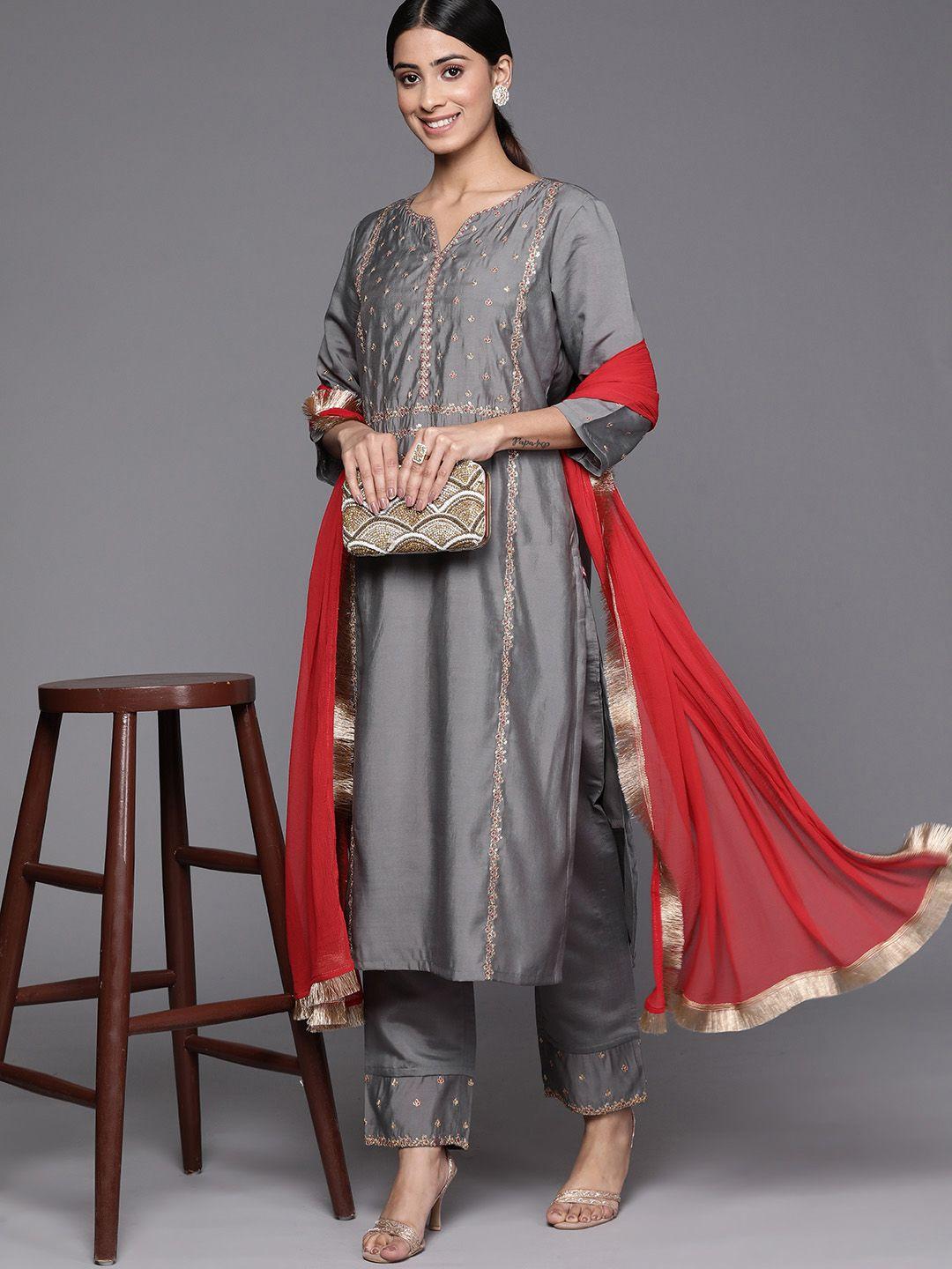 varanga women ethnic motifs embroidered kurta with trousers & with dupatta