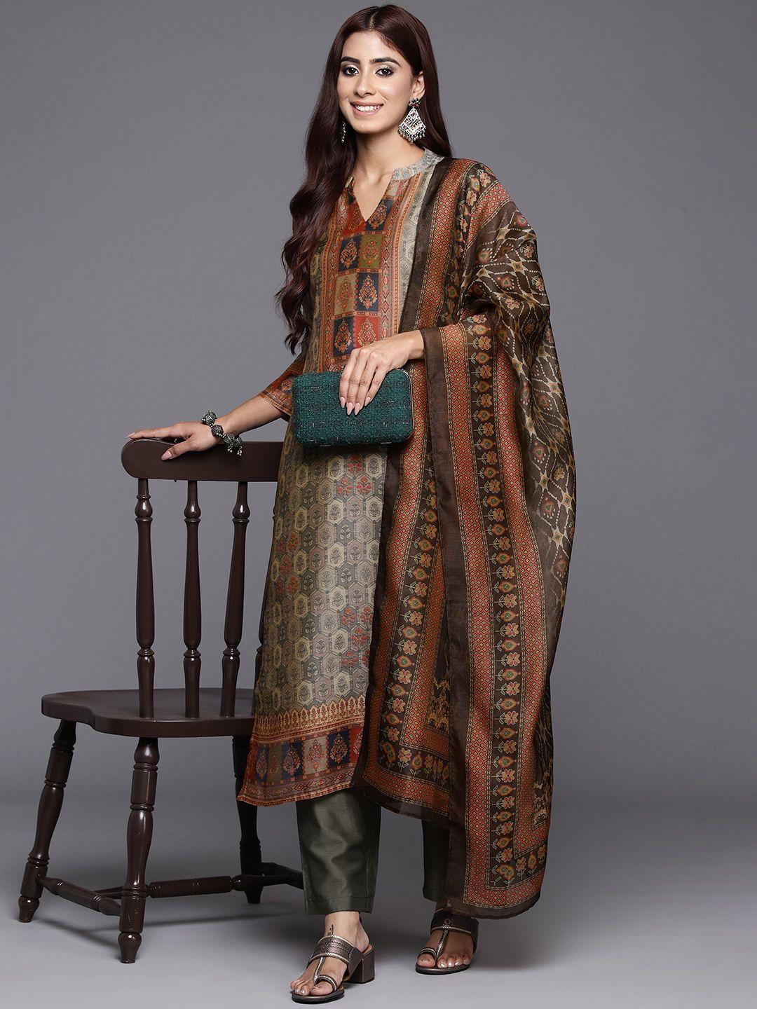 varanga women ethnic motifs printed chanderi silk kurta with trousers & with dupatta