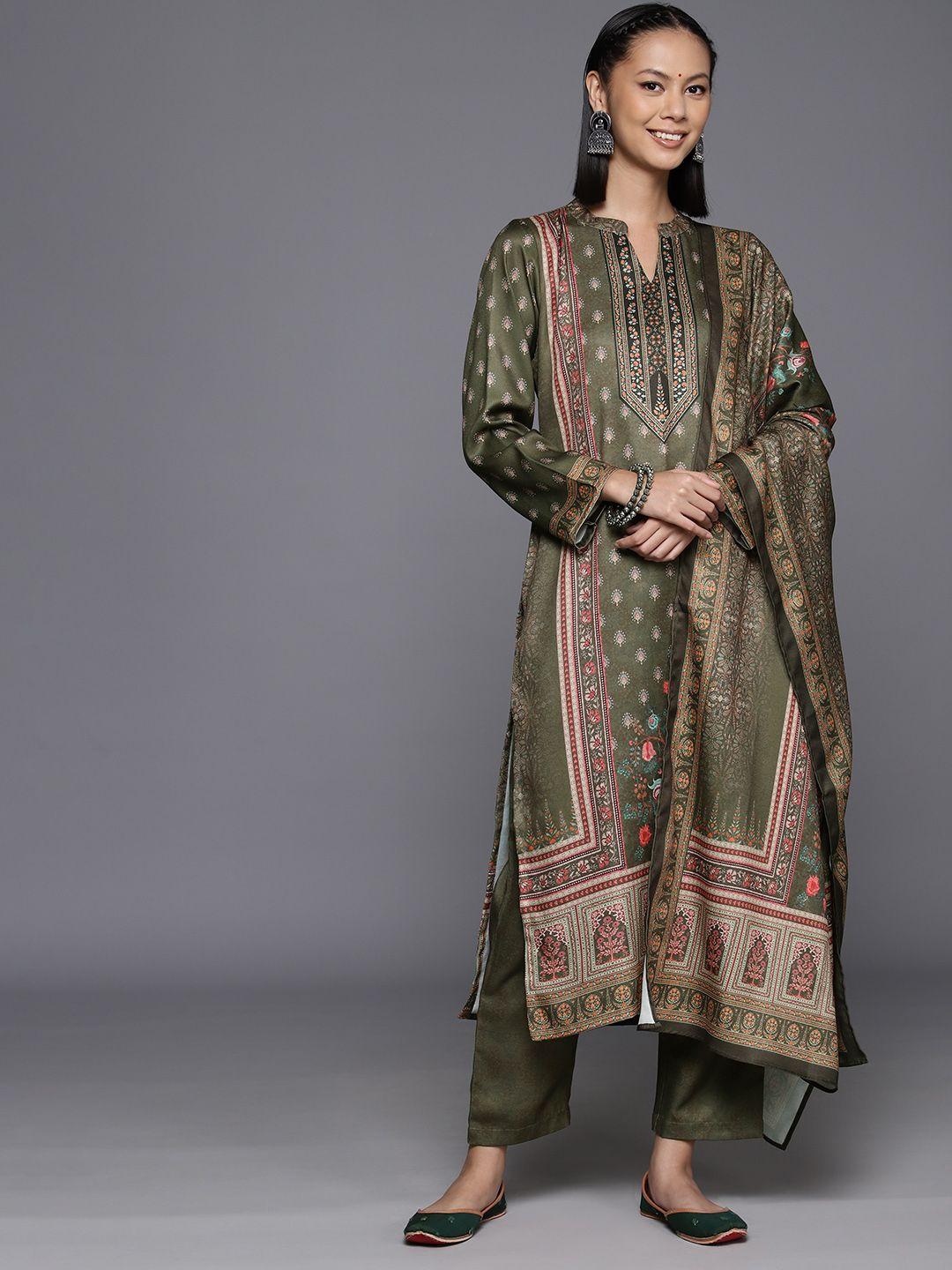 varanga women ethnic motifs printed straight wool blend kurta with trousers & dupatta