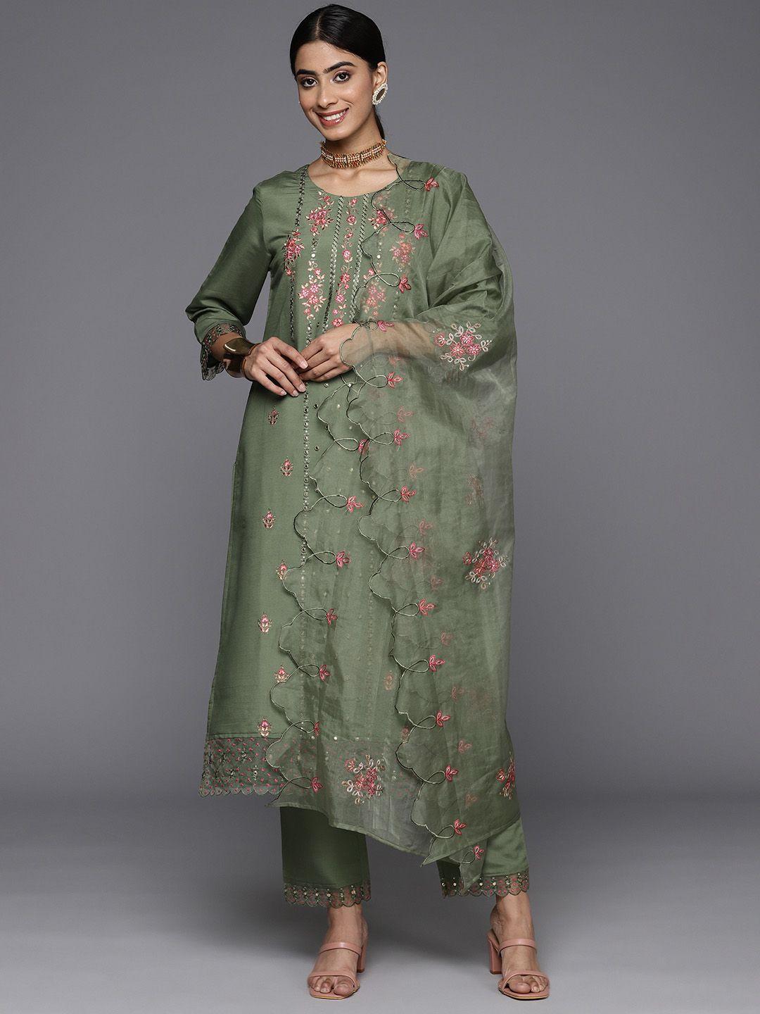 varanga women floral embroidered chanderi silk kurta with trousers & with dupatta